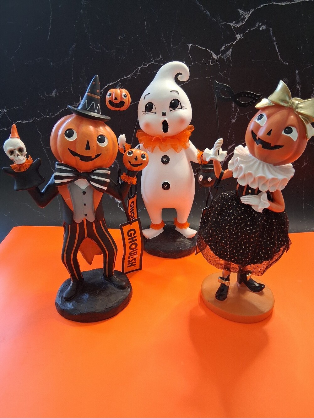 Ghoulish Vintage Style Halloween Ghost, Pumpkin Man, Lady Carnival Figs Set of 3